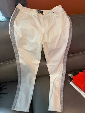 Ashley Stewart White Straight Leg Jeans with Silver Rhinestone Side Stripes